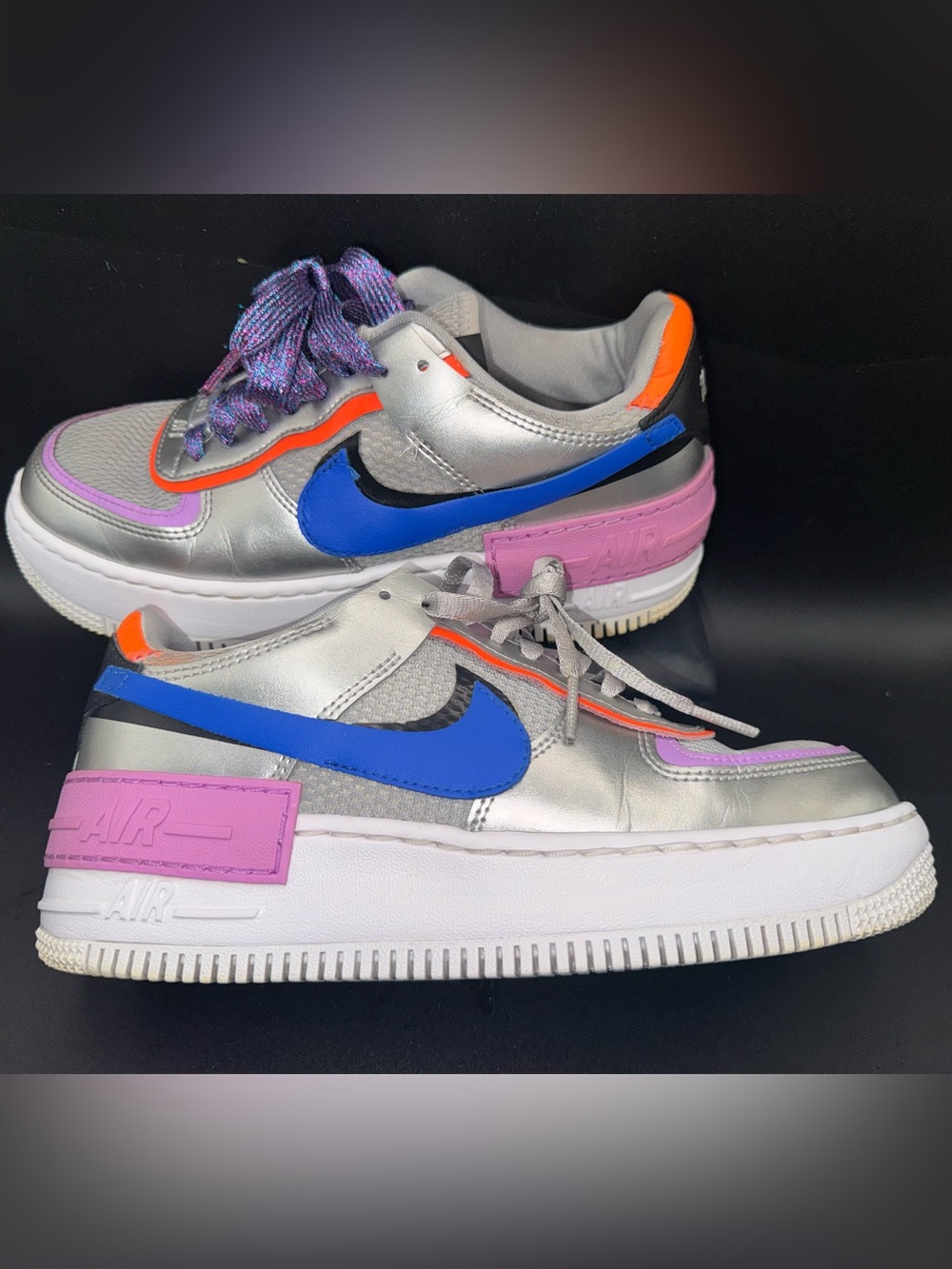 Nike Air Force 1 Shadow Metallic Silver Hyper Blue Pink Sneakers Women’s 7.5 - Picture 3 of 17